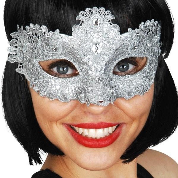 Women's Masquerade Silver Lace Crystal Eye Mask
