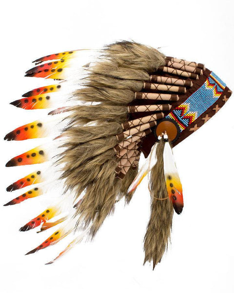 Native American Indian Headdress Yellow Orange Red Chief Feather War Bonnet