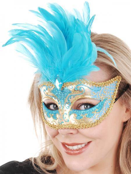  Aqua Blue Feather Mask Women's Masquerade
