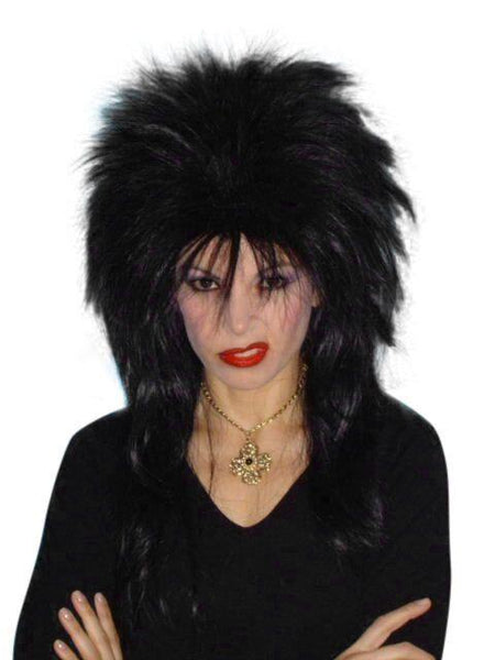 Black 80's Elvira Wig Spiky Layered Party Costume Halloween Fancy Dress Mullet