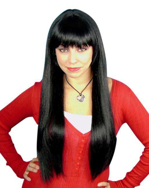 Long straight black female costume wig with fringe