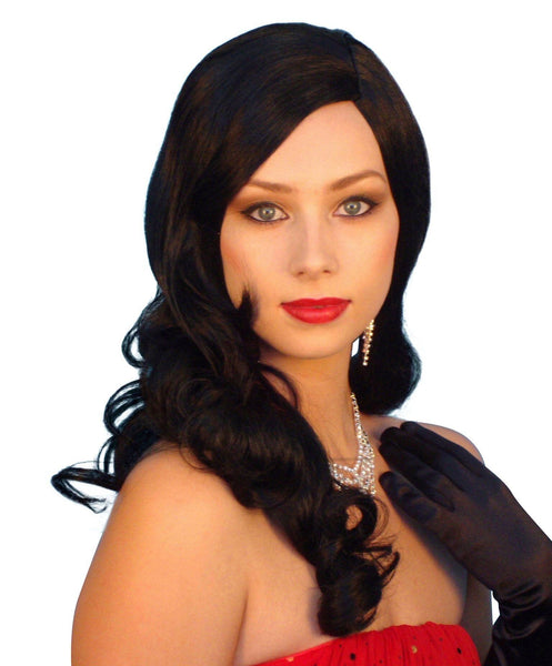 Long, black and wavy female costume wig
