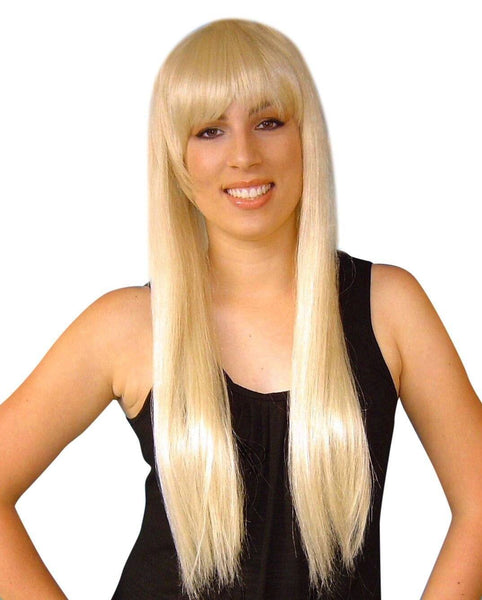 Long straight 1970's women costume wig with fringe.